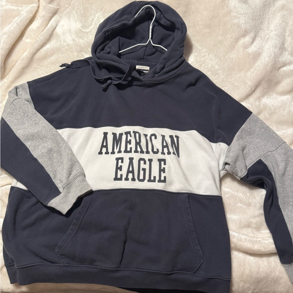 American Eagle Outfitters Men's Navy and Gray Colorblock Hoodie